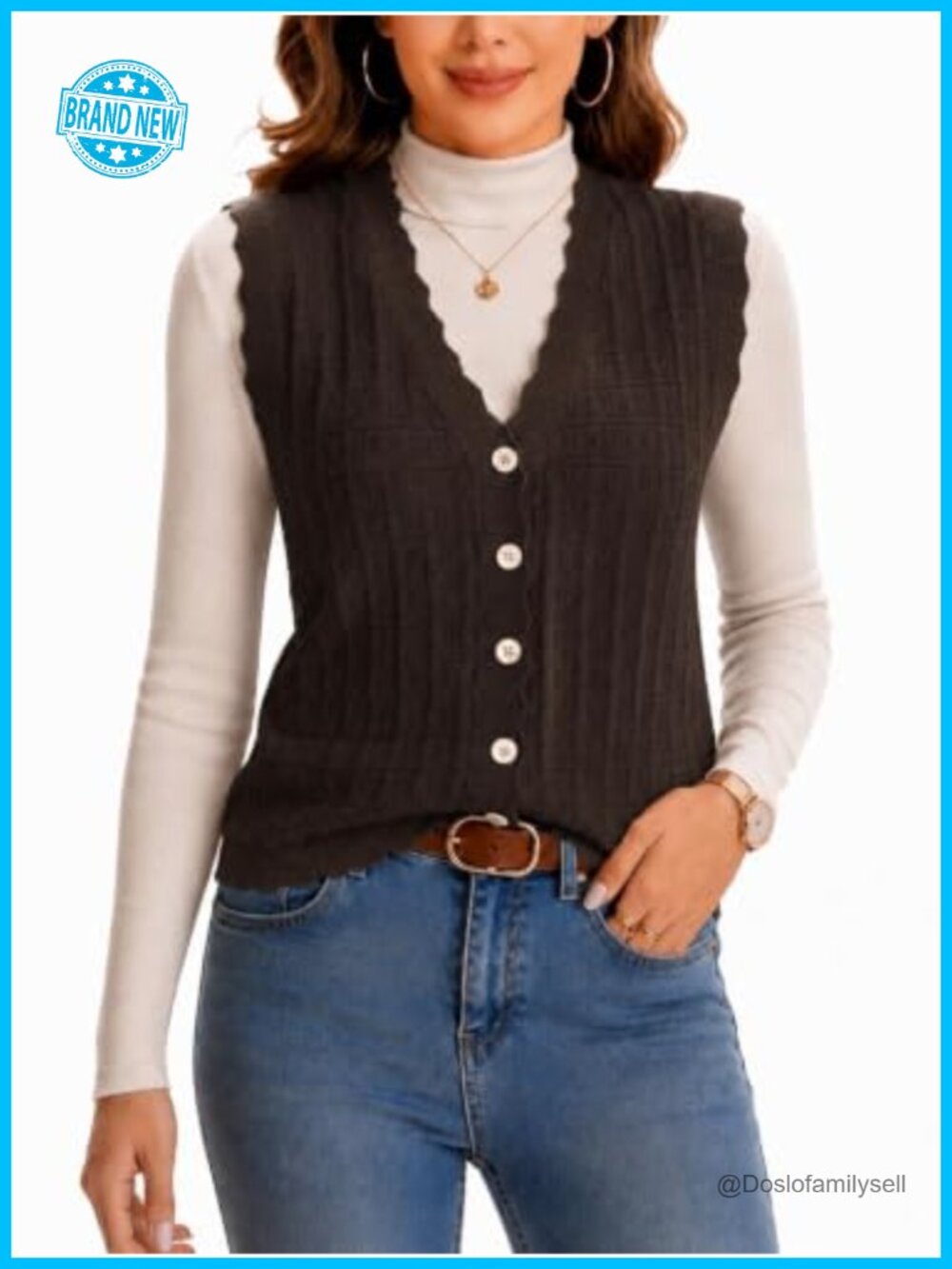 Waffle Knit Sweater Vest Sleeveless V Neck Button Up Scalloped Trim